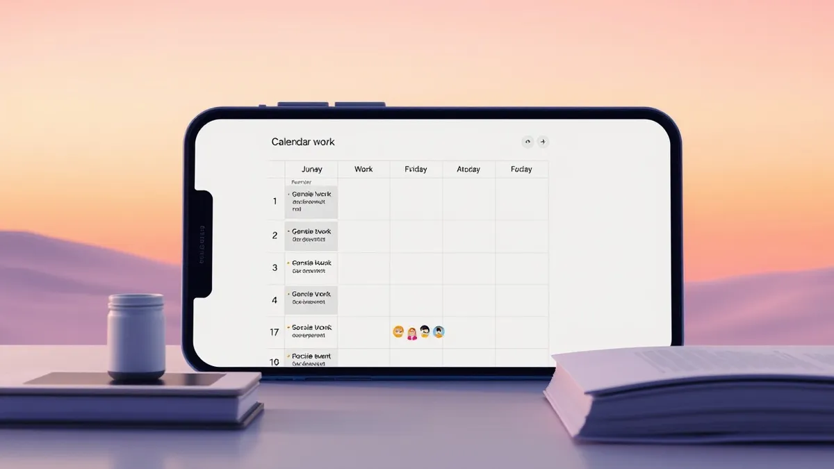 Illustration: A blank smartphone screen displays a digital calendar filled with generic work blocks and fitness icons, while small, colorful social event markers are pushed to the 