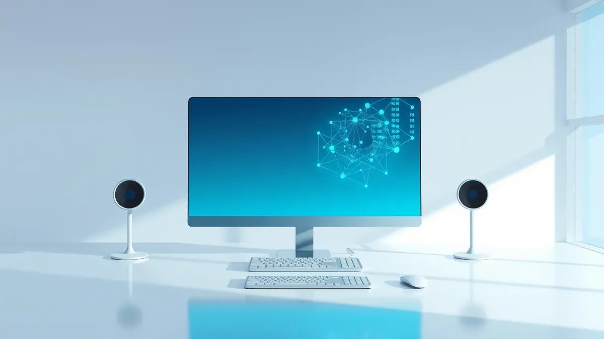 Illustration: A sleek, minimalist workstation sits in a bright, empty office.