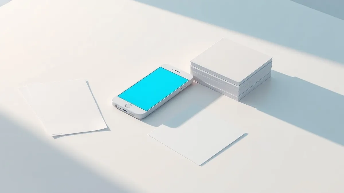 Illustration: A sleek white smartphone rests on a polished desk beside a stack of blank index cards.