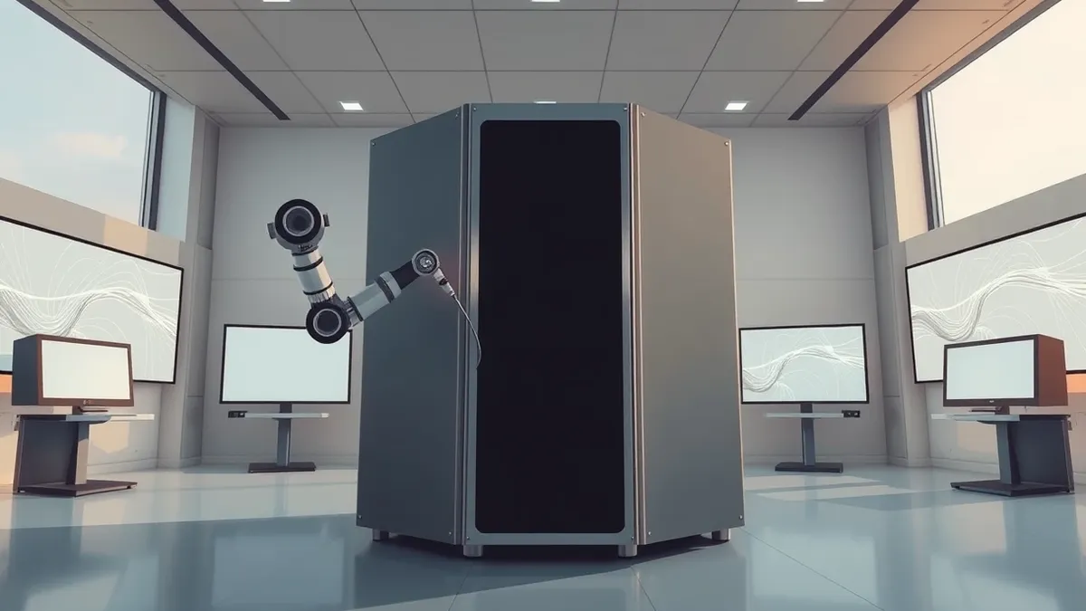 Illustration: A large server unit sits inside a high-security laboratory.