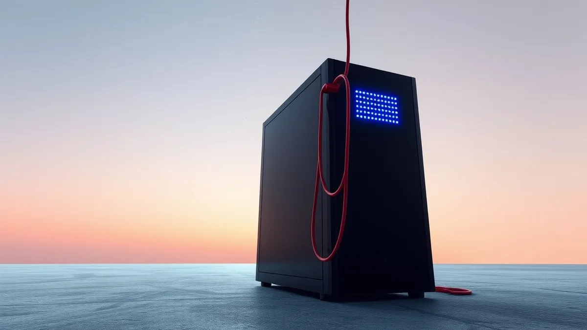 Illustration: A sleek black tower server sits alone on a concrete floor.