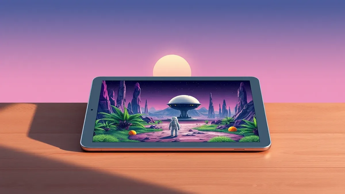 Illustration: A silver tablet rests on a wooden surface, displaying a vibrant alien landscape with towering purple crystals and a twin-sun sky.
