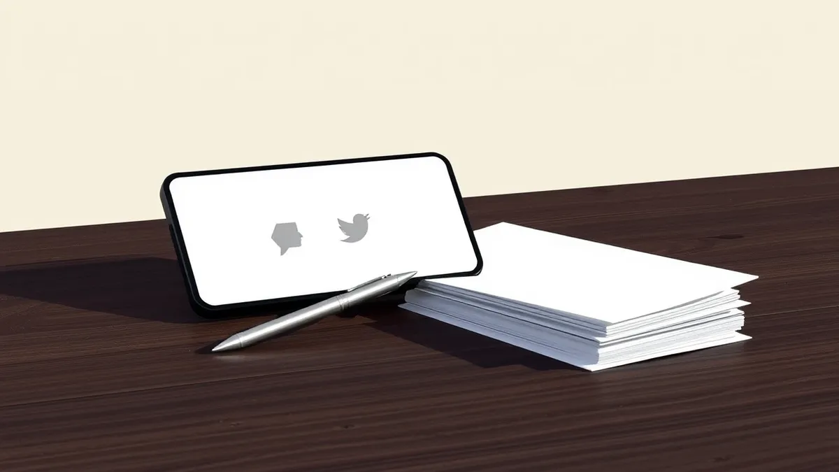 Illustration: A sleek black smartphone rests on a dark wooden table, displaying a blank chat interface with two abstract geometric icons facing each other.