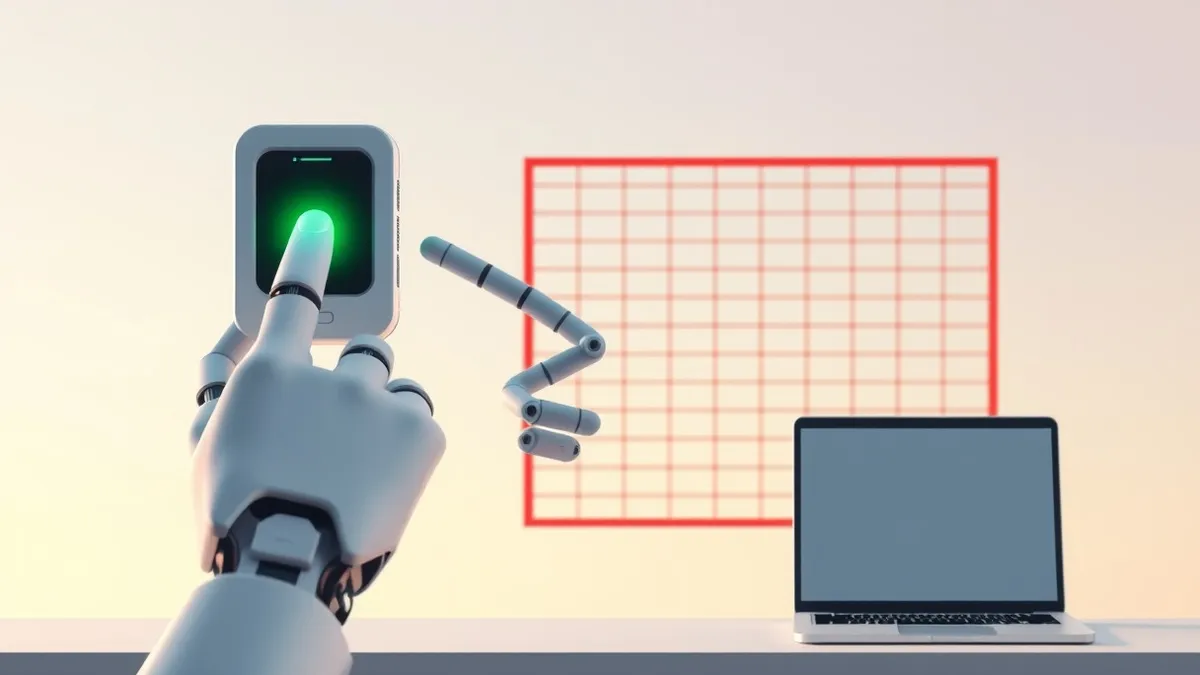 Illustration: A sleek white robotic hand presses a thumb against a biometric scanner.