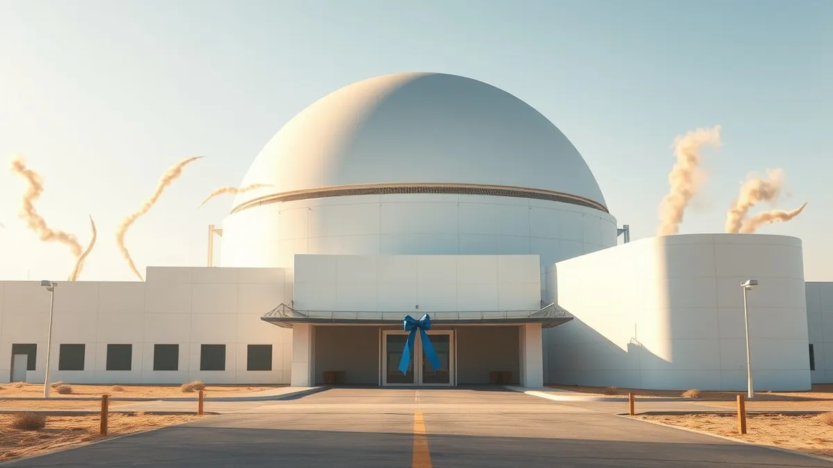 Illustration: A sleek, white semiconductor fabrication plant sits under the bright Texas sun, its massive dome reflecting the sky.