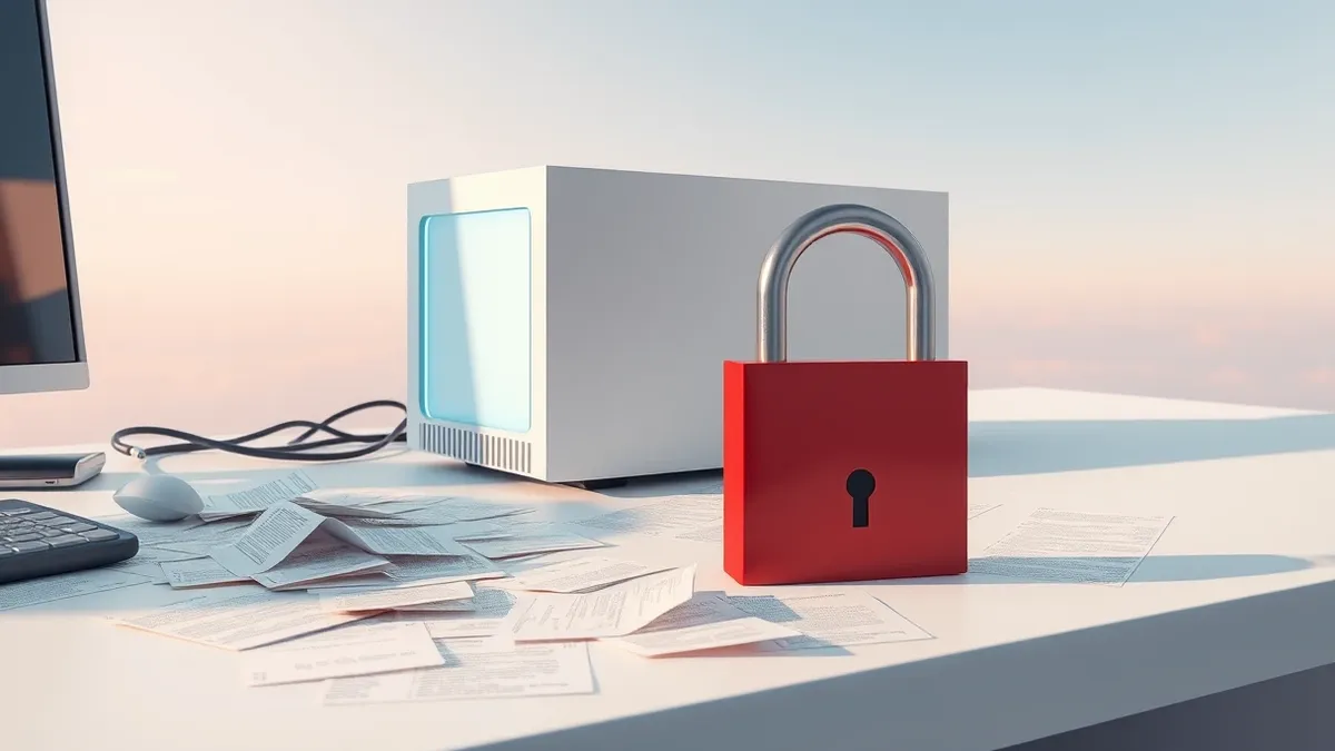 Illustration: A sleek white artificial intelligence processing unit sits on a clean desk beside a scattered pile of loose source code pages.