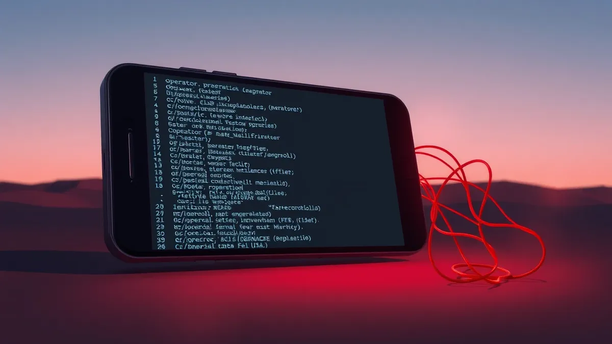 Illustration: A cracked android smartphone screen displays fragmented code strings with a distinct operator identifier visible among the data.