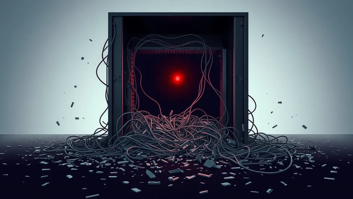 Illustration: A chaotic tangle of frayed wires spills out from a broken, cracked server box.