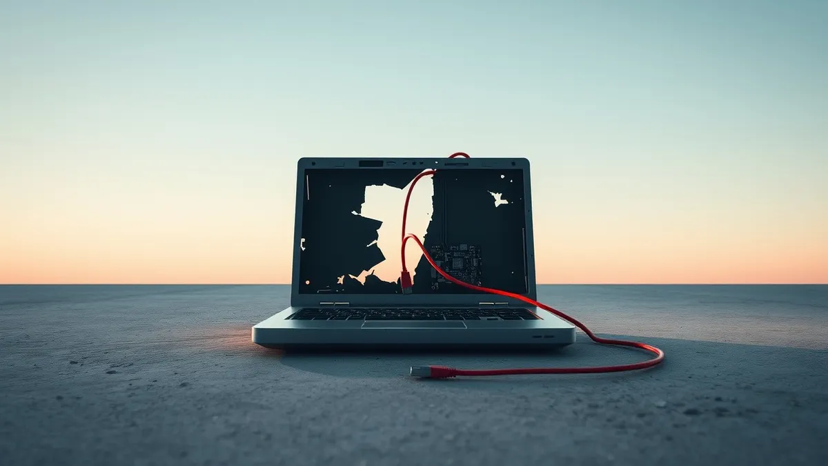 Illustration: A cracked open laptop shell sits on a dusty floor, exposing internal circuitry to harsh light.