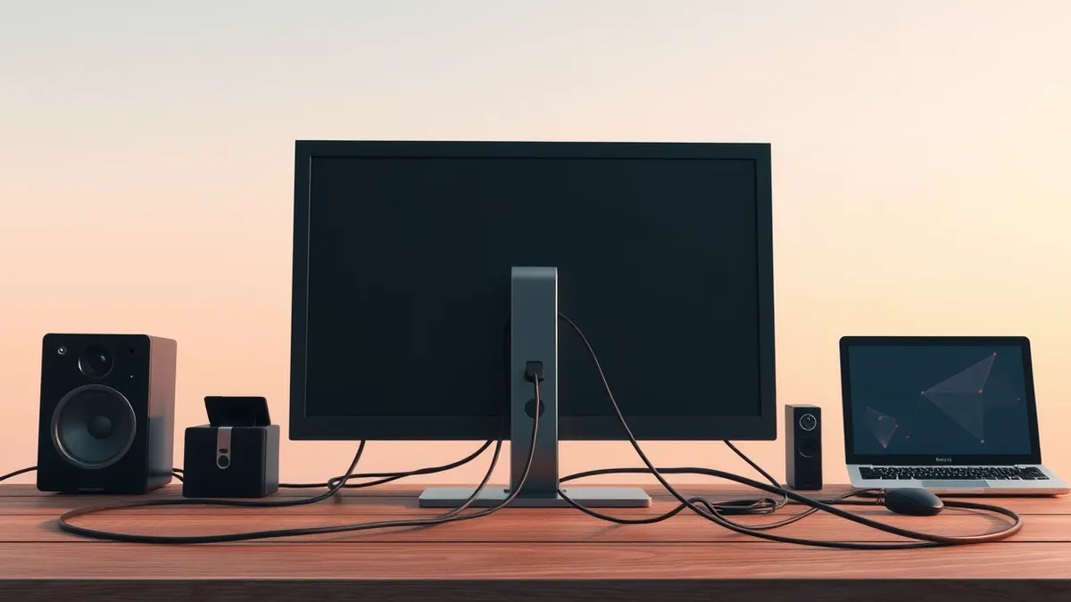 Illustration: A desktop computer sits on a wooden desk with a tangle of ethernet cables plugged into its rear port.