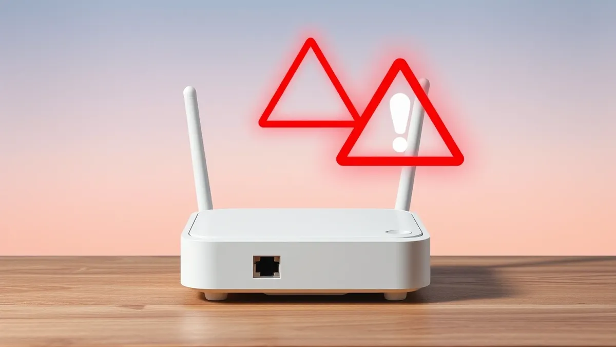 Illustration: A white residential Wi-Fi router sits on a wooden table with its Ethernet ports unplugged.