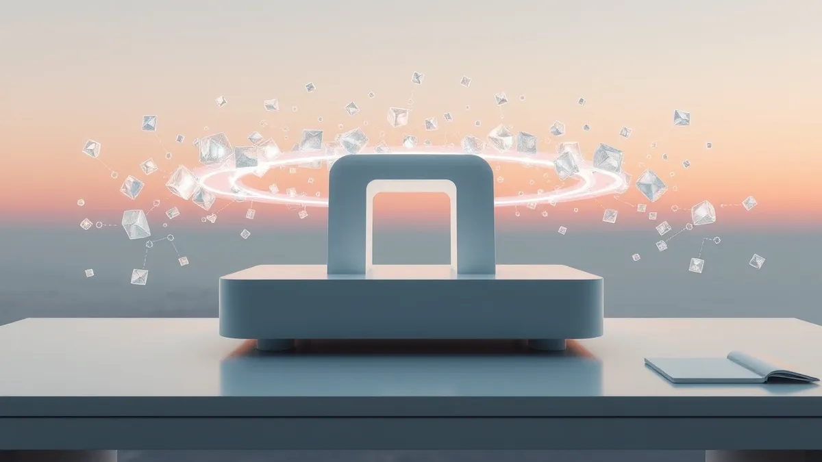 Illustration: A sleek white gateway device sits on a clean desk, surrounded by floating translucent geometric shapes representing autonomous digital agents.