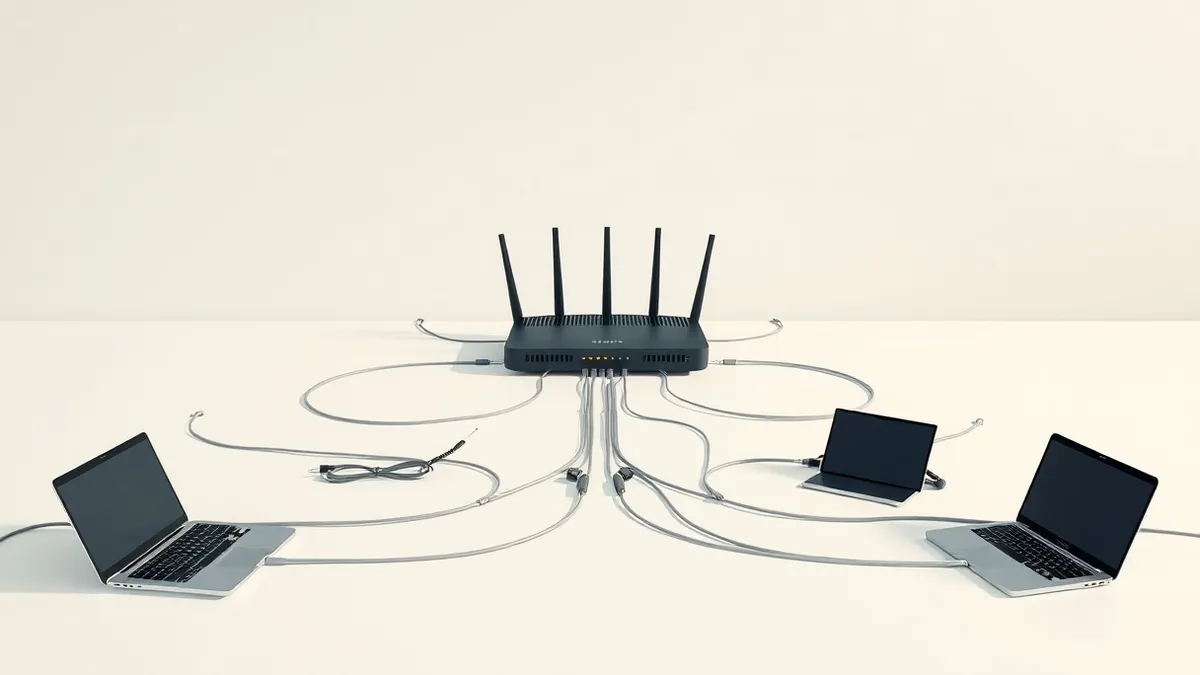 Illustration: A single sleek black router sits on a clean white desk, acting as the central hub for a web of thin gray cables.