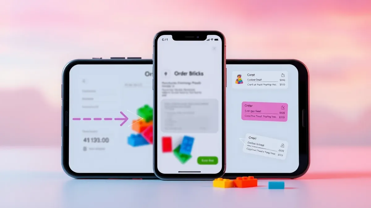 Illustration: A smartphone screen displays a blurred order confirmation page for a set of colorful plastic building bricks.