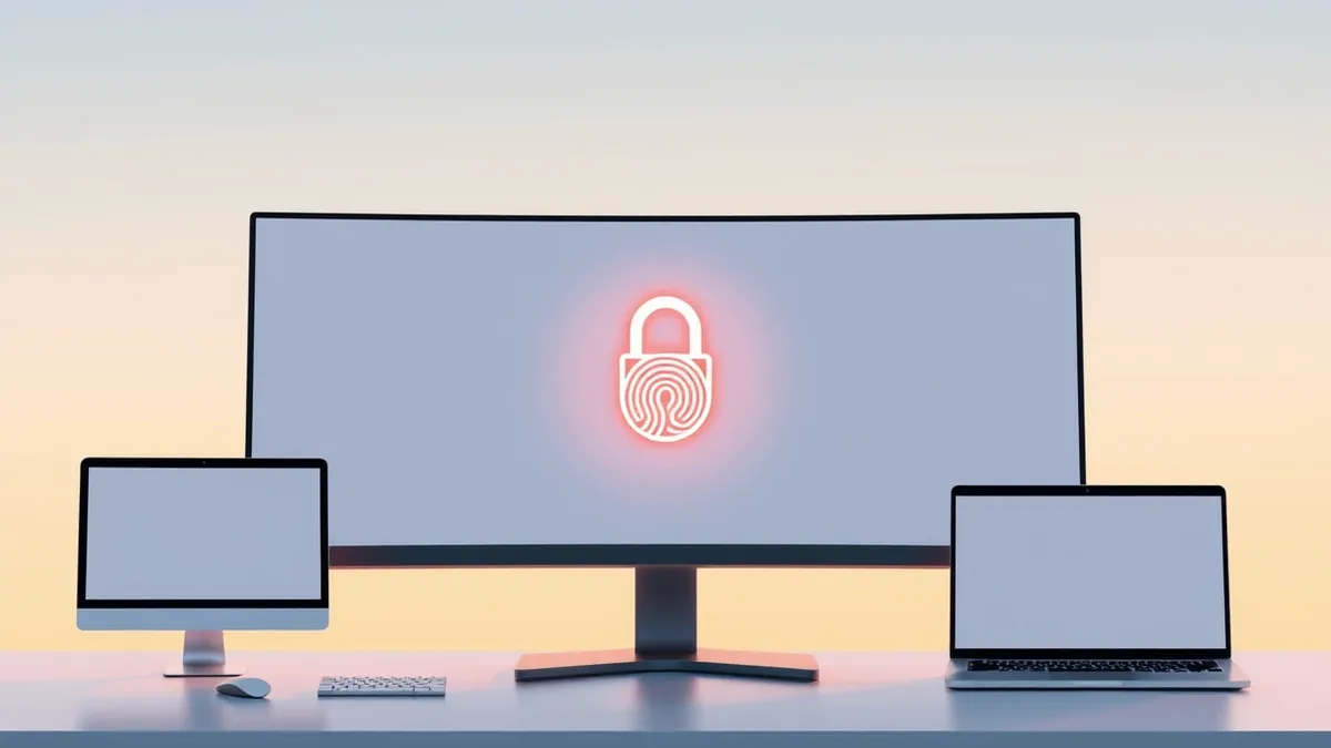 Illustration: A sleek desktop monitor displays a minimalist lock screen interface with two distinct, glowing abstract icons for fingerprint and numeric entry merging seamlessly int