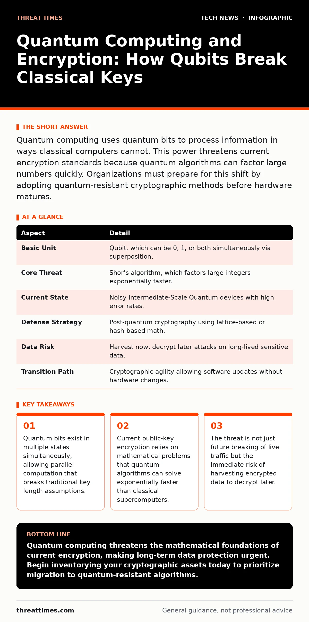 Infographic: Quantum Computing and Encryption: How Qubits Break Classical Keys. Quantum bits exist in multiple states simultaneously, allowing parallel computation that breaks traditional key length assumptions. Current public-key encryption relies on mathematical problems that quantum algorithms ca