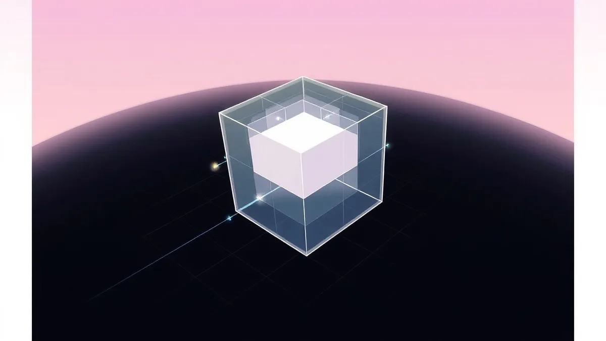 Illustration: A stylized geometric cube floats in a dark void, its edges blurring into overlapping translucent layers.