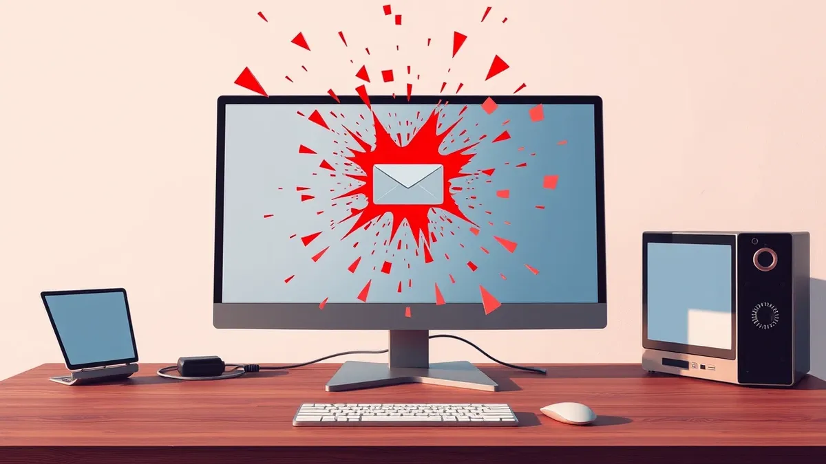 Illustration: A sleek desktop computer sits on a wooden desk with its monitor displaying a blank email client interface.