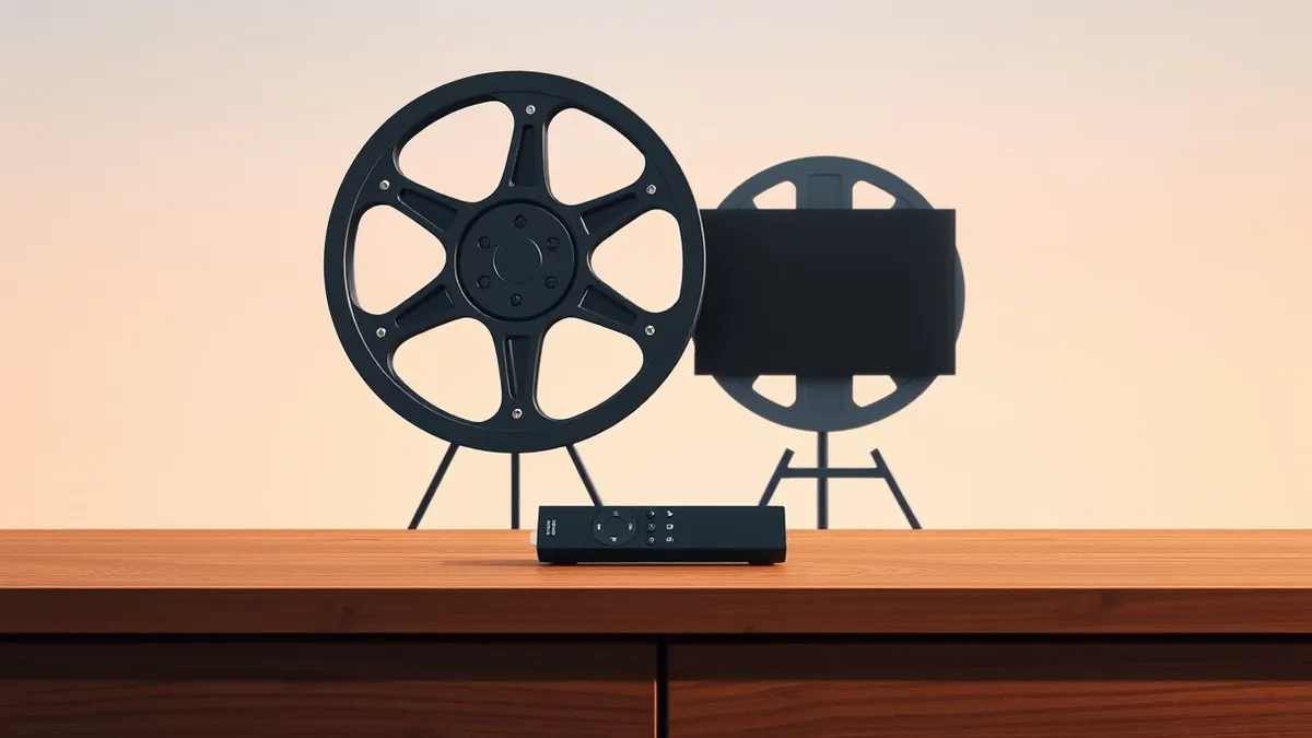 Illustration: A sleek black television streaming stick rests on a polished wooden table beside a vintage film reel.