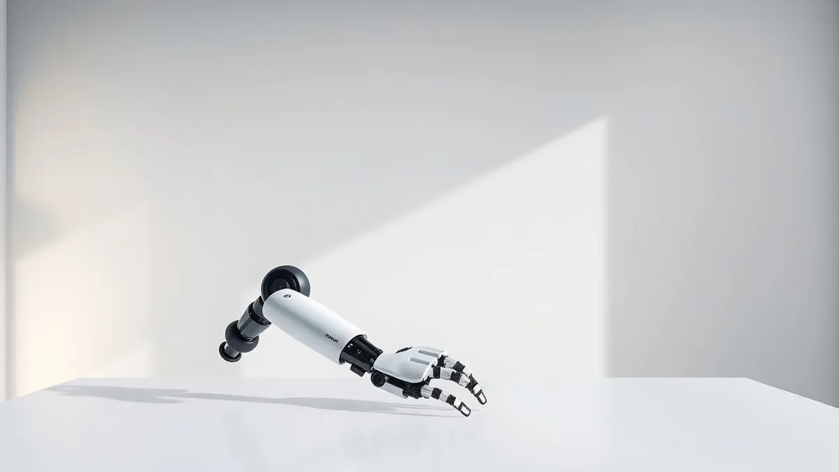 Illustration: A sleek, standalone robotic arm rests on a clean white laboratory table.