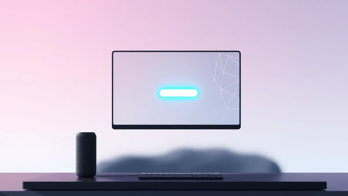Illustration: A sleek, minimalist game launcher interface floats above a dark desktop background, its launch button glowing with soft blue energy while abstract geometric shapes sw