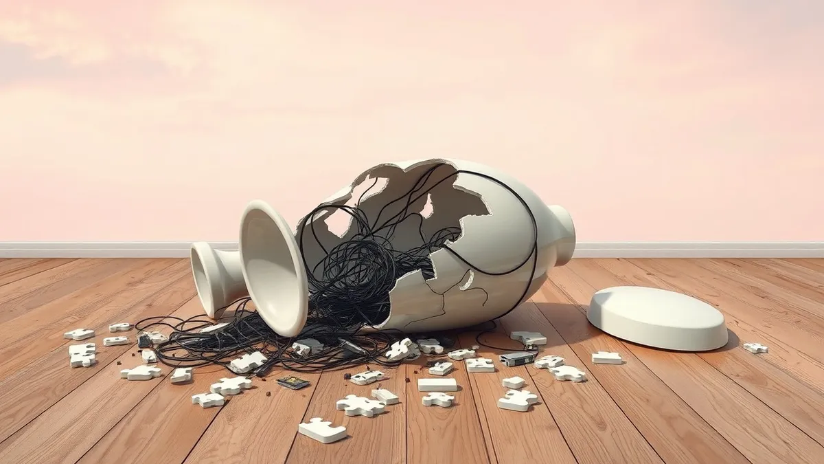 Illustration: A cracked ceramic vase lies shattered on a wooden floor, its fragments scattered like puzzle pieces.