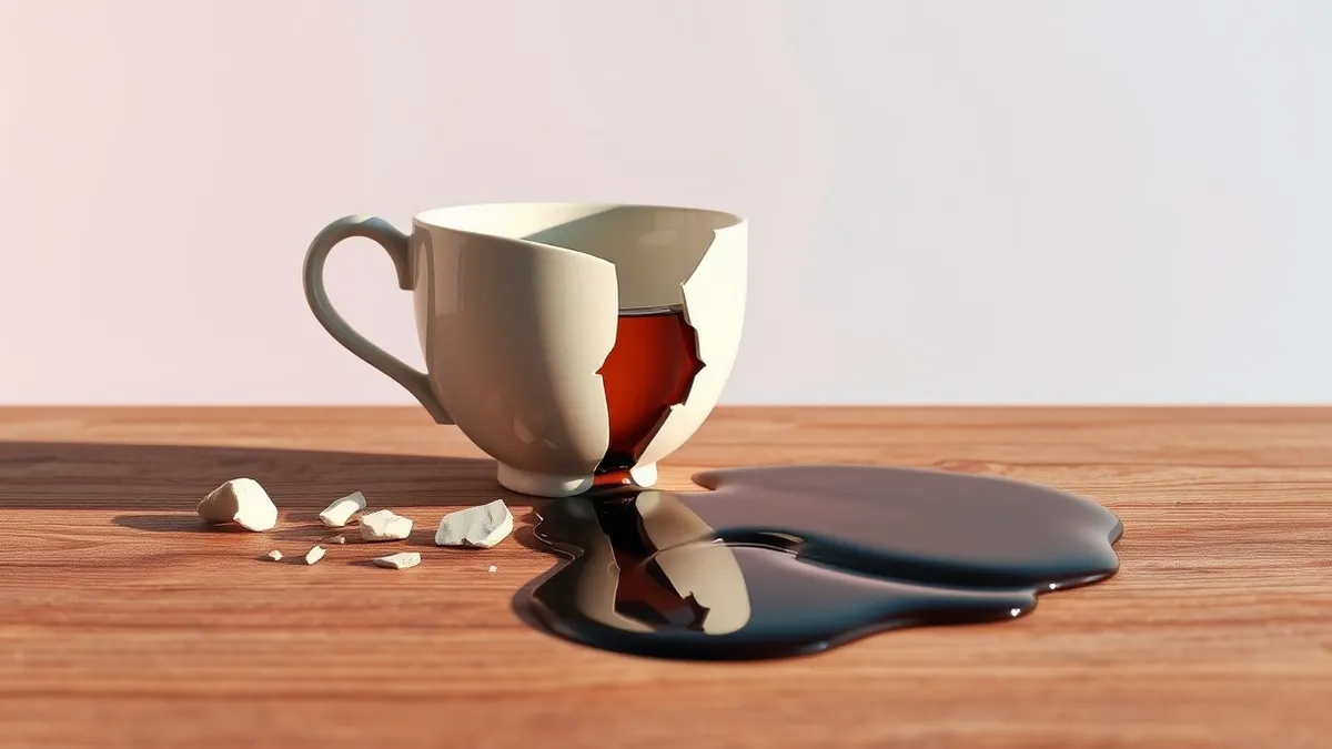 Illustration: A cracked ceramic teacup sits on a wooden table, leaking dark liquid onto the surface.
