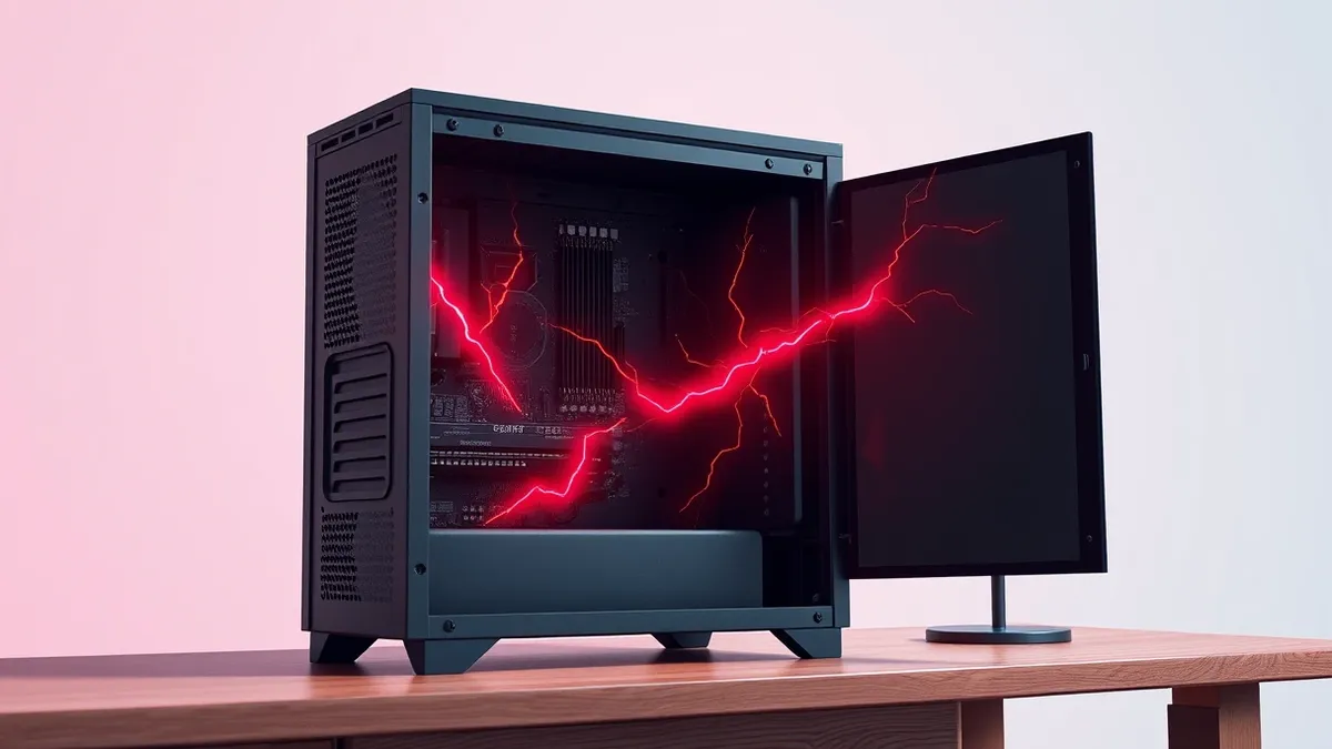 Illustration: A sleek black computer tower sits on a wooden desk, its side panel removed to reveal internal circuitry.