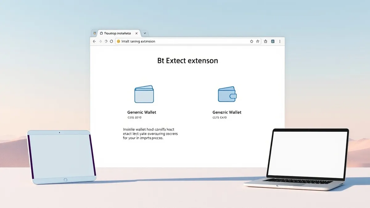 Illustration: A browser extension installation window displays two generic wallet icons with subtle visual distortions.
