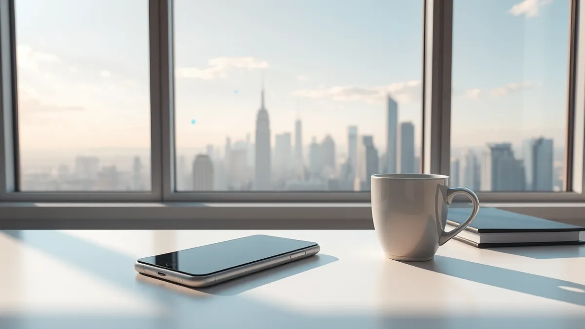 Illustration: A sleek, blank smartphone rests on a clean white desk beside an empty silver coffee cup.