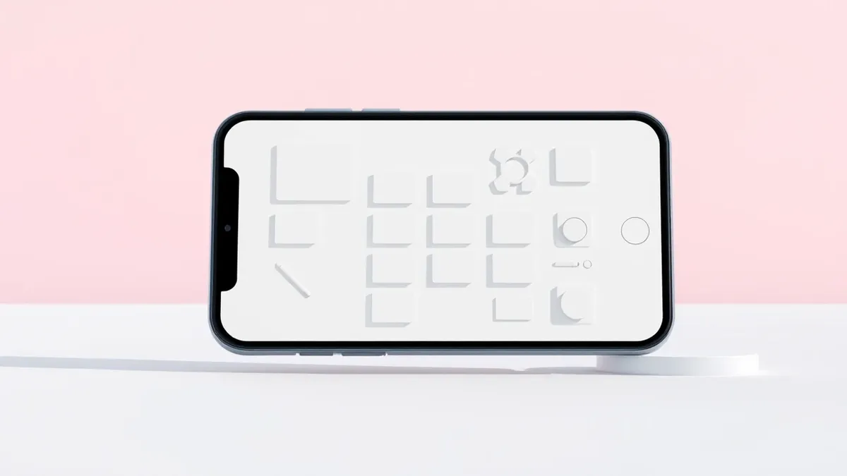 Illustration: A smartphone screen displays a grid of blank rectangular tiles and abstract geometric shapes.