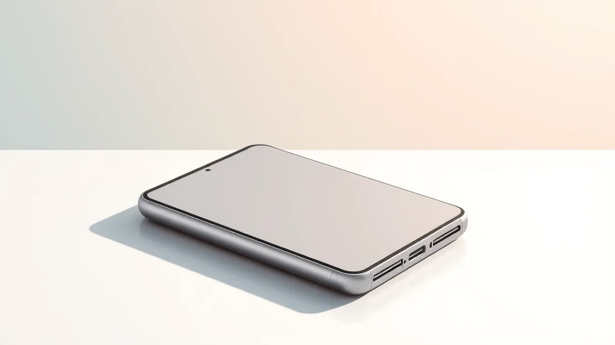 Illustration: A folded smartphone rests on a clean white table, its wide rectangular form resembling a passport.