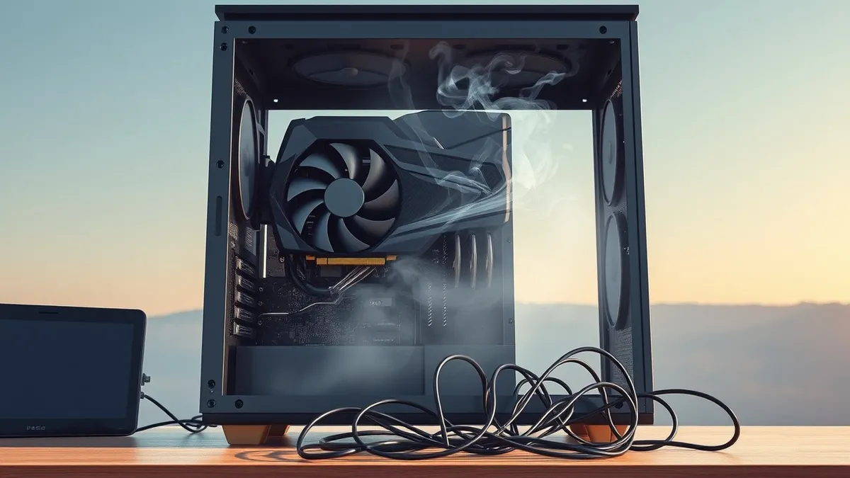 Illustration: A sleek black graphics card sits inside an open computer chassis, its cooling fan blades frozen in a sudden halt.