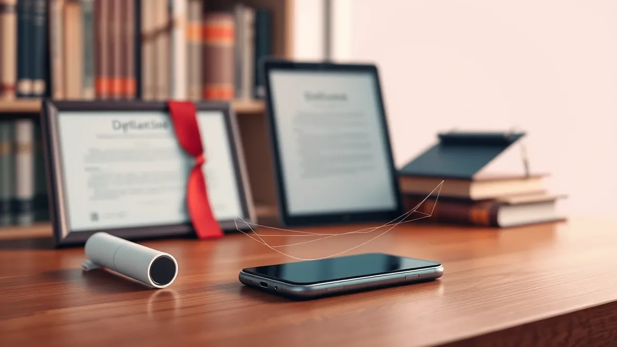 Illustration: A sleek smartphone rests on a wooden university desk near a framed diploma.