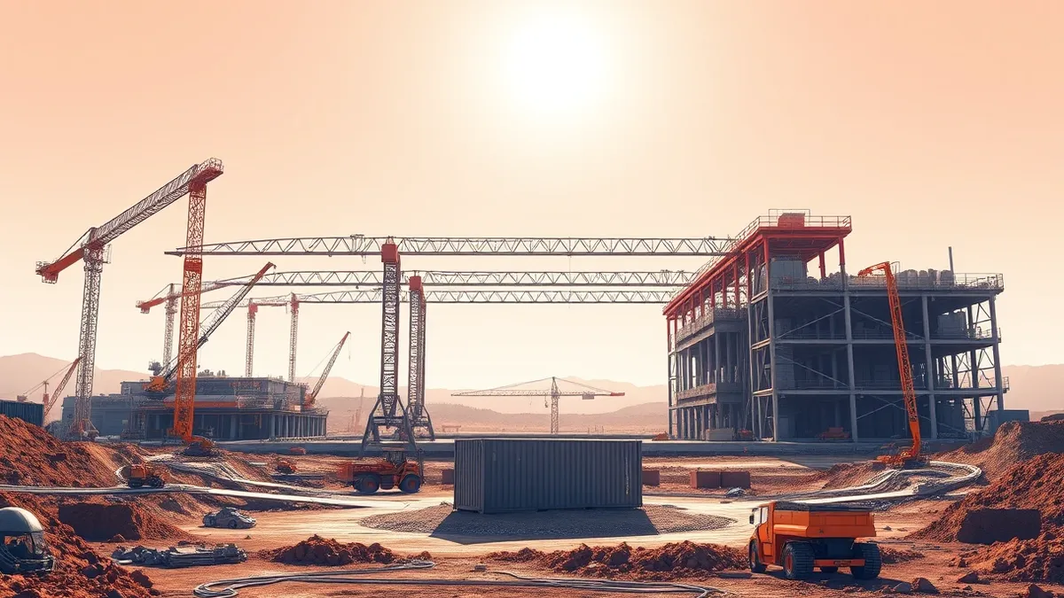 Illustration: A sprawling construction site under a bright sun shows the foundation of a massive factory complex.