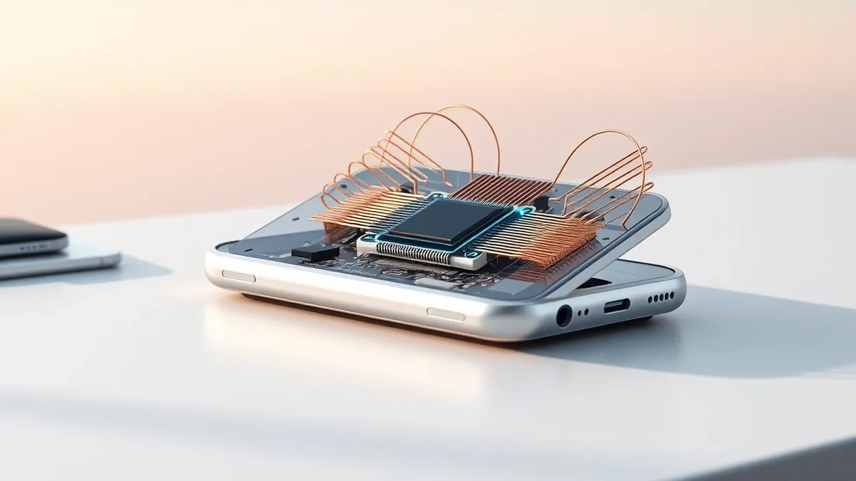Illustration: A sleek silver smartphone rests on a white workbench, its internal circuitry visible through a transparent back panel.