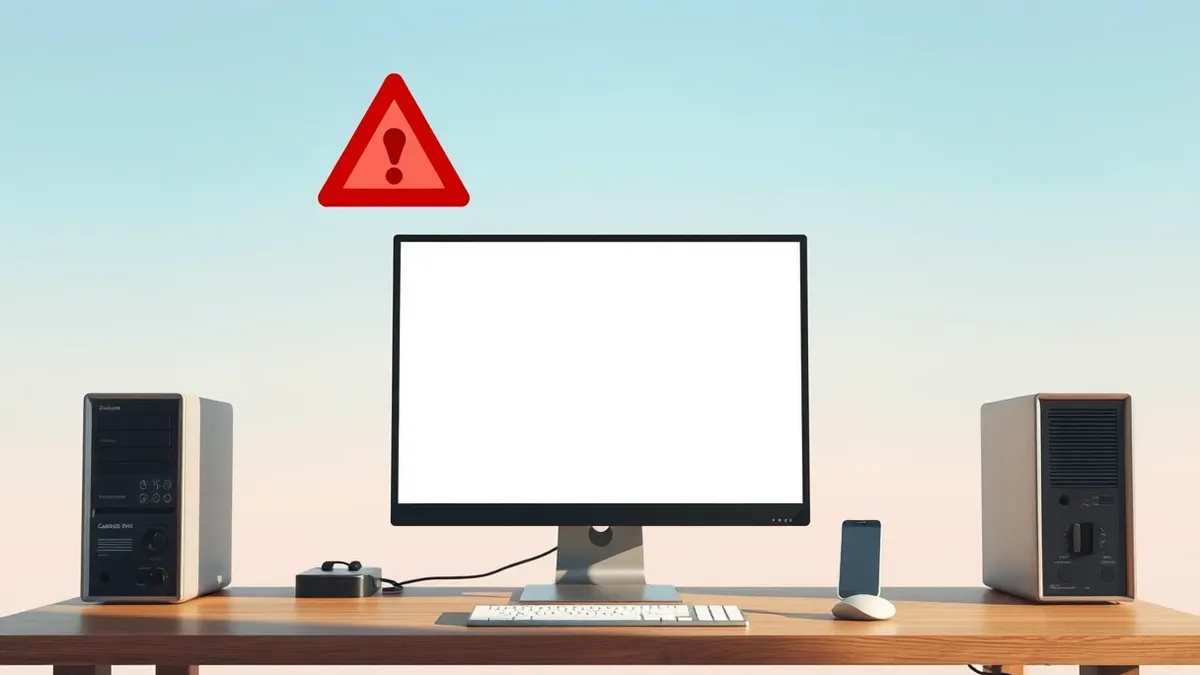 Illustration: A generic desktop computer sits on a wooden desk with its monitor displaying a blank white interface.