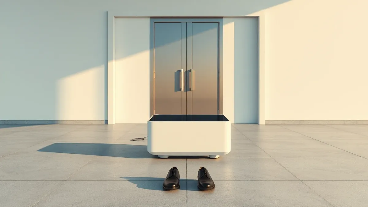 Illustration: A sleek white AI lab device sits abandoned on a sterile concrete floor, casting a long shadow toward a heavy steel door.