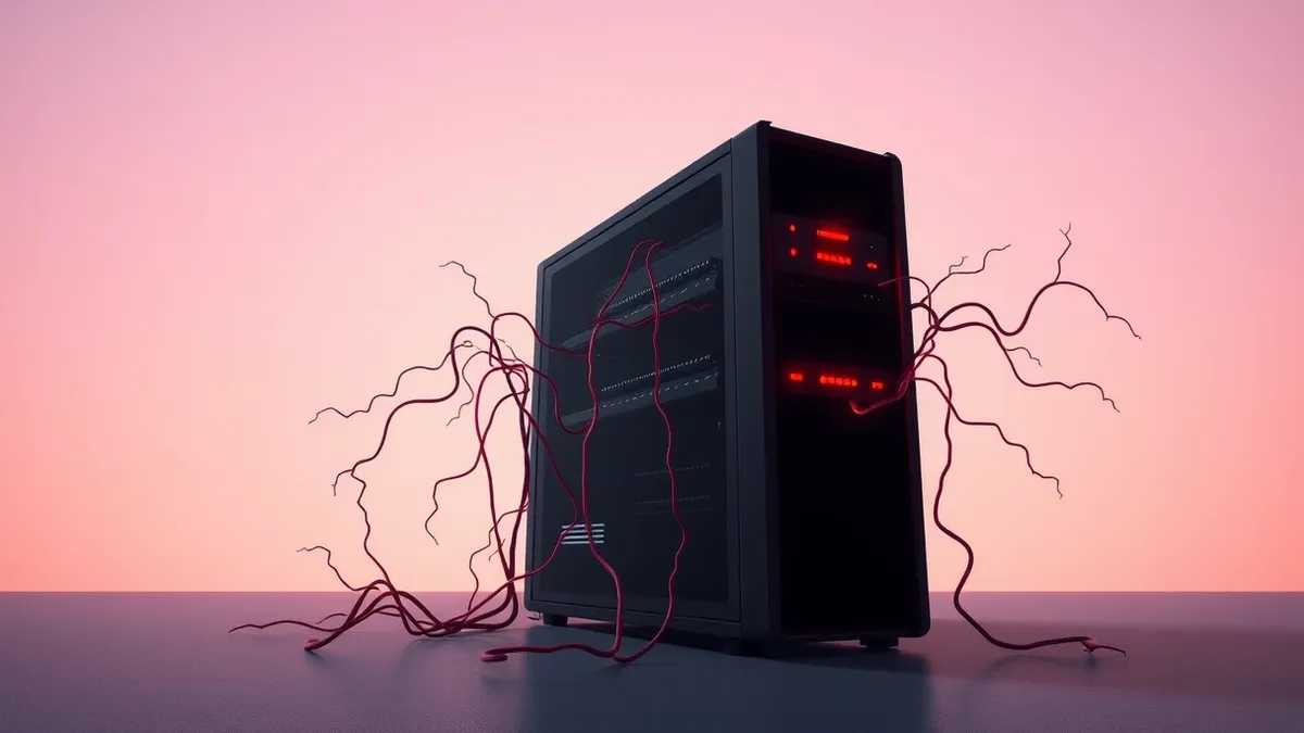 Illustration: A sleek black server tower sits alone in a dim room, its front panel glowing with steady red warning lights.