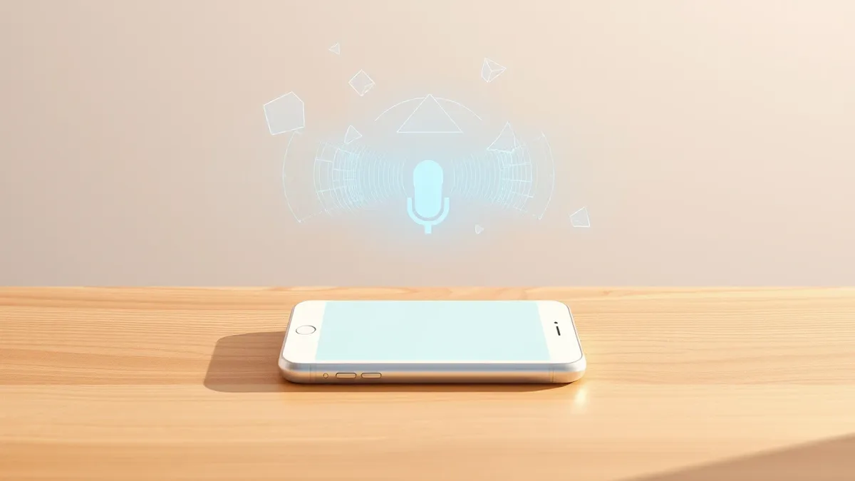 Illustration: A sleek white smartphone rests on a wooden desk, its screen blank.