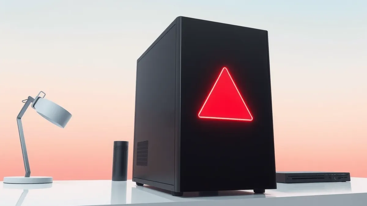 Illustration: A sleek black server tower sits on a clean white desk, its front panel dominated by a large, glowing red warning triangle.