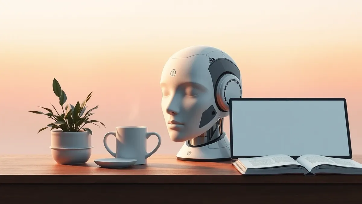 Illustration: A sleek white robot head sits on a wooden table next to a small potted plant and a steaming mug.