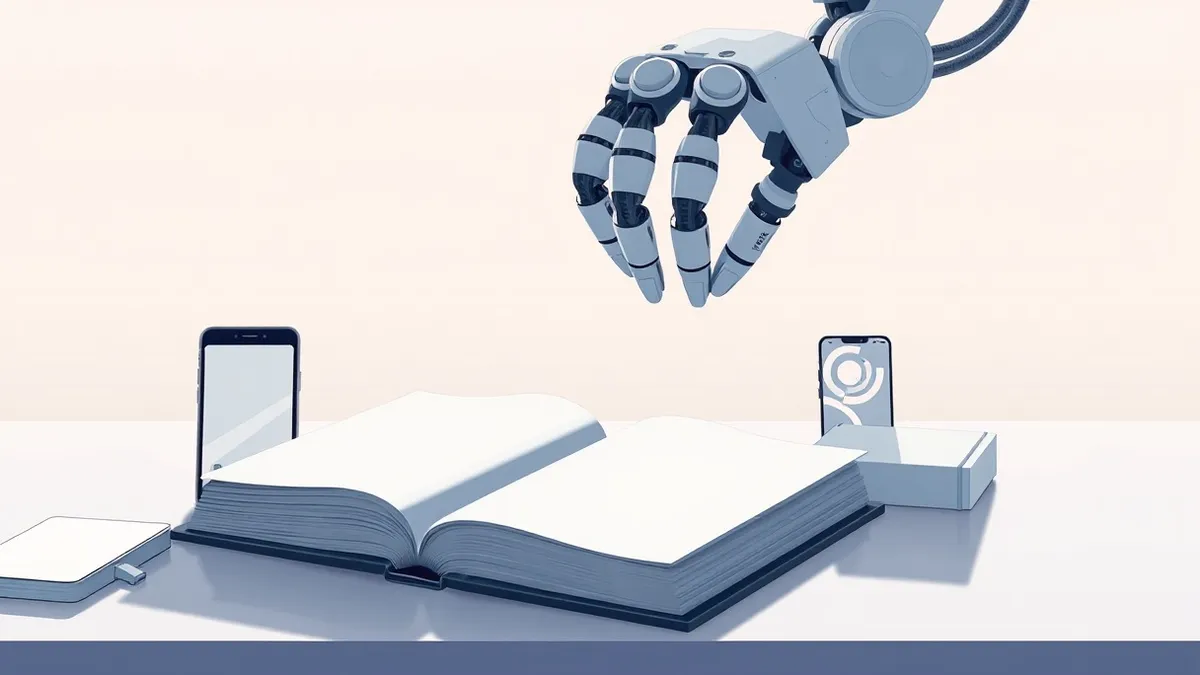 Illustration: A blank book cover sits on a desk next to a blank smartphone displaying abstract shapes, while a robotic arm hovers over the book.