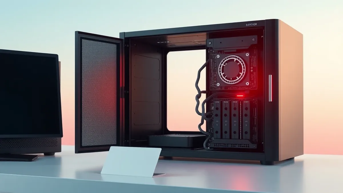 Illustration: A sleek black server unit sits open, revealing its internal circuitry.