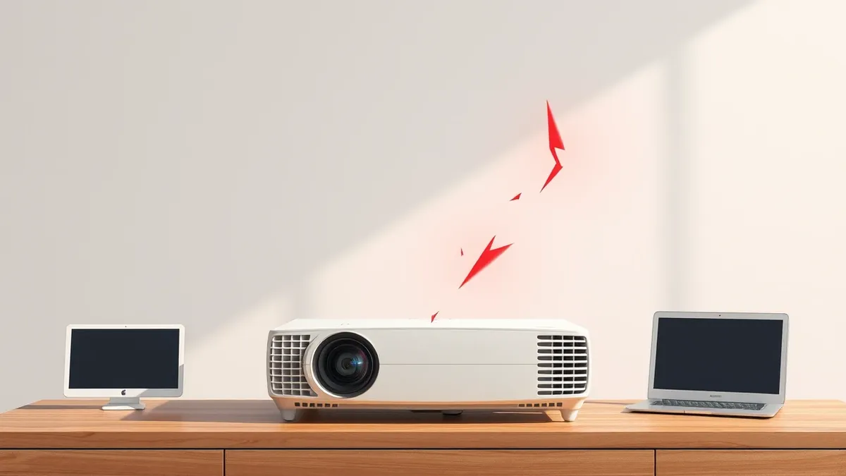 Illustration: A sleek white projector sits on a wooden table, its lens emitting a sharp beam of light that transforms into jagged red shards before hitting the blank wall, symboliz