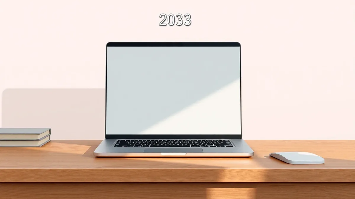 Illustration: A silver laptop sits open on a clean wooden desk, its lid angled to reveal a blank screen reflecting soft light.