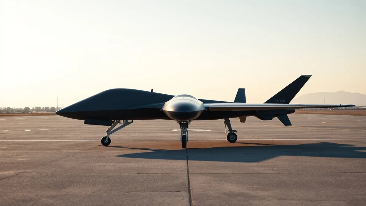 Illustration: A sleek, dark gray autonomous fighter drone with a single propeller on top rests on a concrete military airfield.