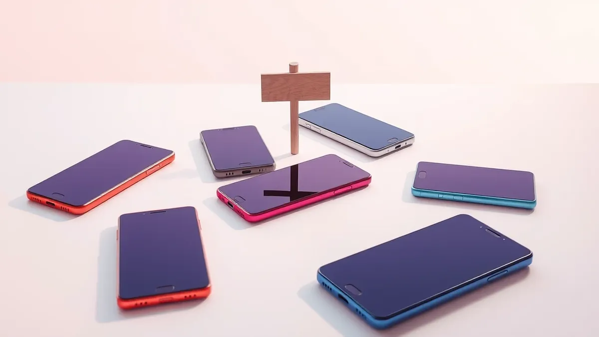 Illustration: Five colorful smartphones lie scattered across a clean white desk, their blank screens reflecting soft overhead light.