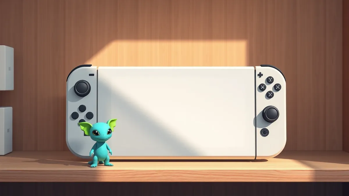 Illustration: A white Nintendo Switch console rests beside a small blue alien plant character on a wooden shelf.