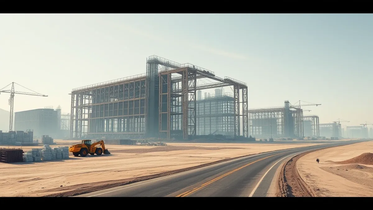 Illustration: A sprawling construction site in a flat, arid landscape features the skeletal steel framework of massive factory buildings rising from the ground.